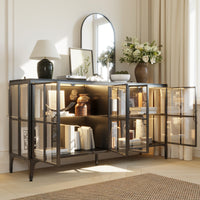 63" Modern Brown Sideboard Buffet Cabinet with 4 Doors and Gold Accents