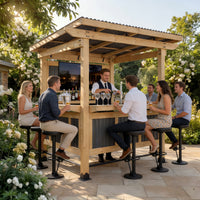 People enjoying drinks at an outdoor bar with a bartender in a garden setting