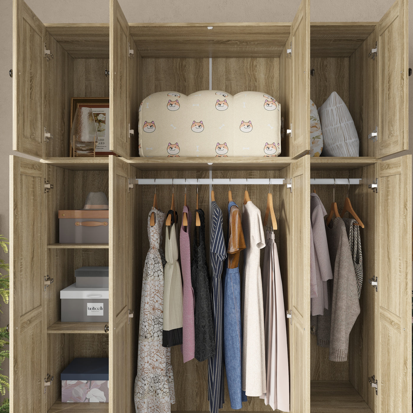 63" Rustic 4-Door Wardrobe Armoire with Rattan Paneling, 6 Drawers & 2 Hanging Rods