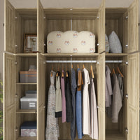 63" Rustic 4-Door Wardrobe Armoire with Rattan Paneling, 6 Drawers & 2 Hanging Rods