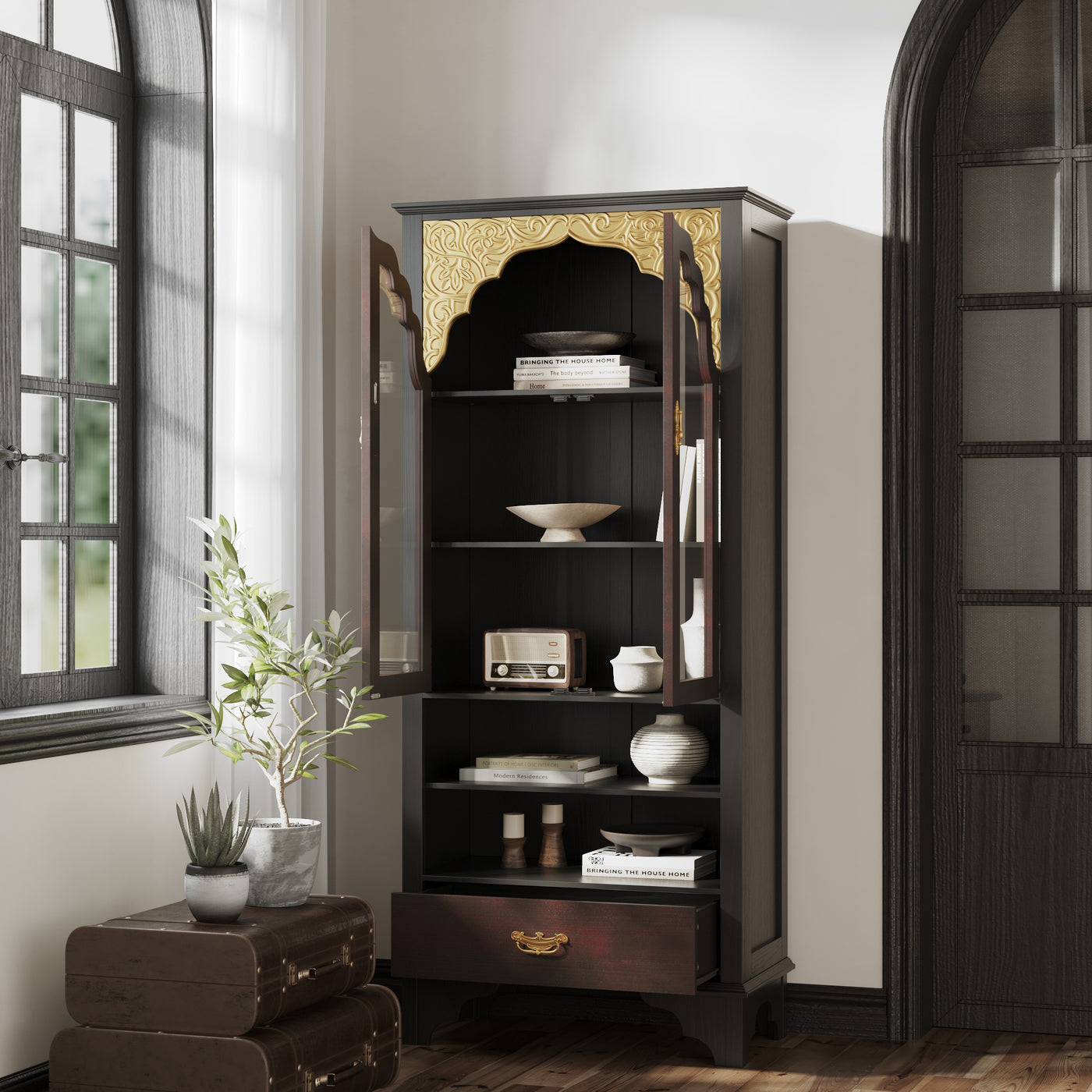 31.5" Vantage Brown Display Cabinet with Tempered Glass Door and Exquisite Carvings