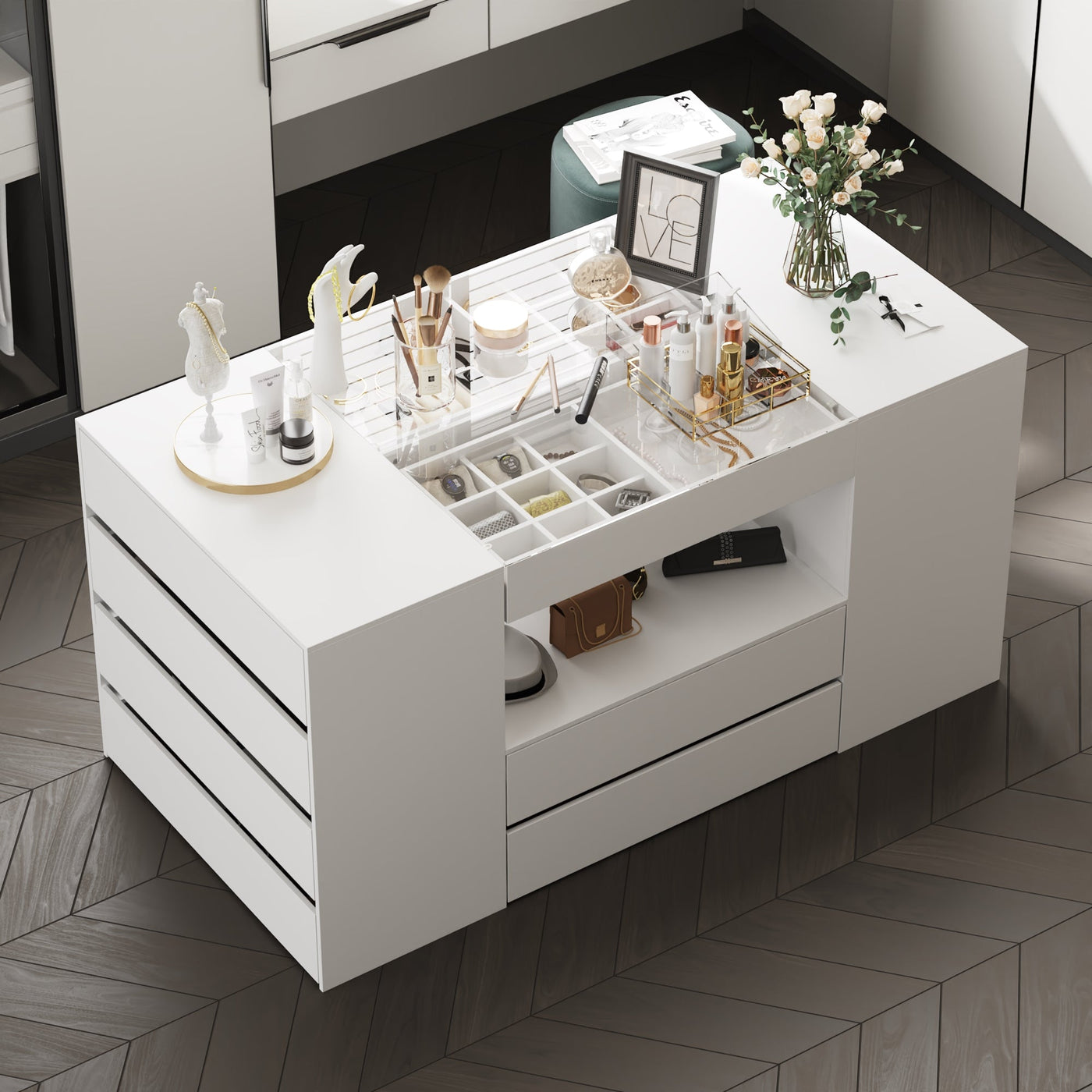 62" Modern White 14-Drawer Chest with Tempered Glass Top