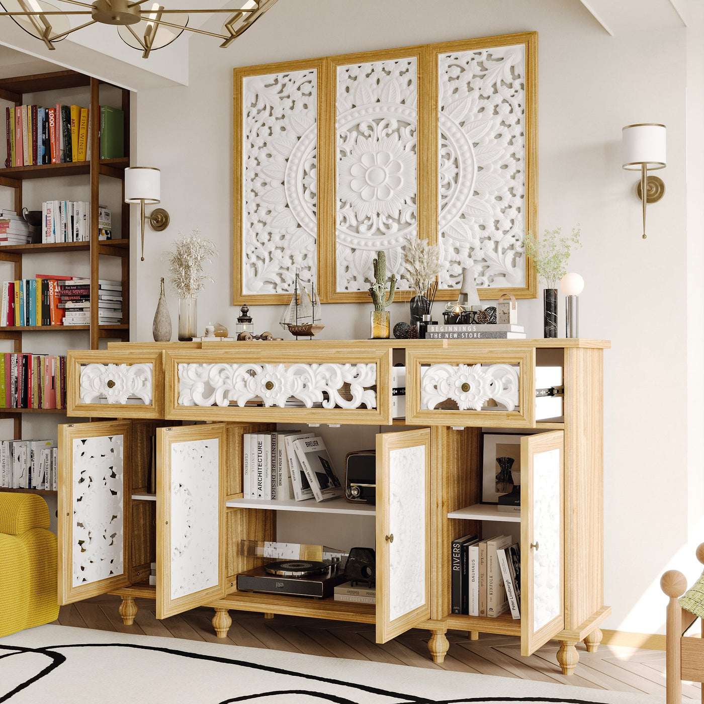 59.1" Bohemian Natural Sideboard Cabinet Buffet Storage Cabinet With Wall Hanging Decorations