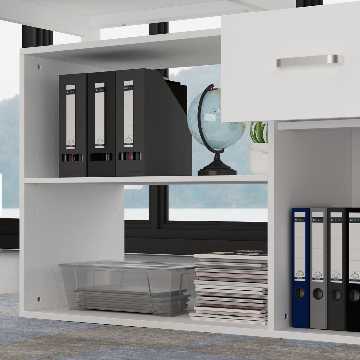 White office shelf with books, binders, and a globe against a windowed wall.