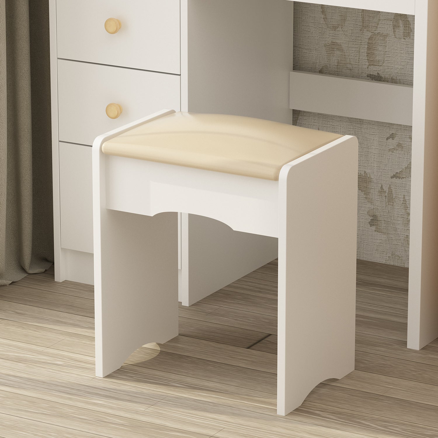 Makeup Vanity Set with Cushioned Stool, 5 Drawers & Display Shelves