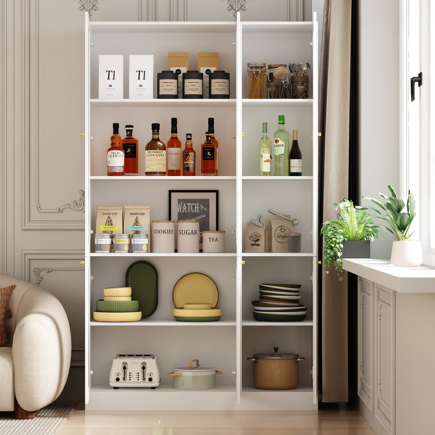 47.2" Modern White Tall Bookshelf with 6 Glass Doors and Gold Conical Handles