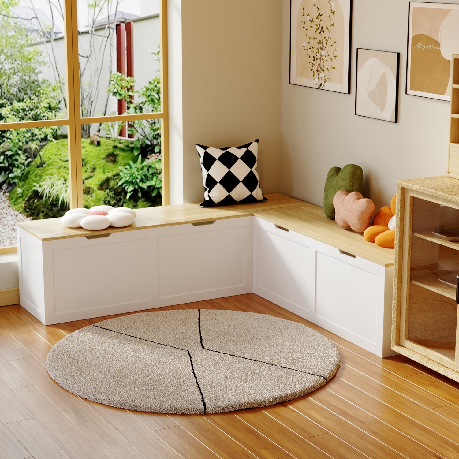 White corner shoe cabinet with bench seating and hidden storage