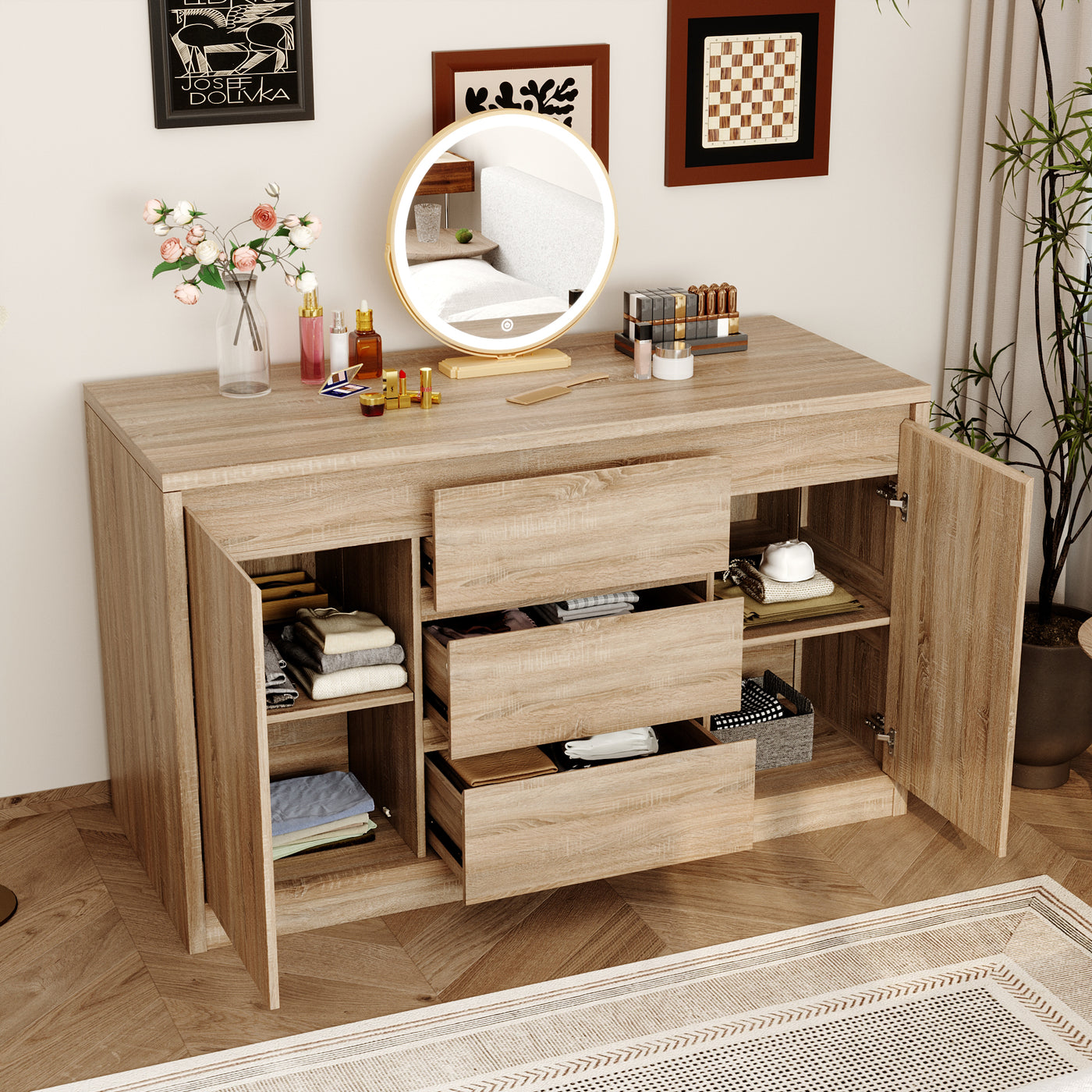 Wooden vanity with open doors displaying various items in a room setting.