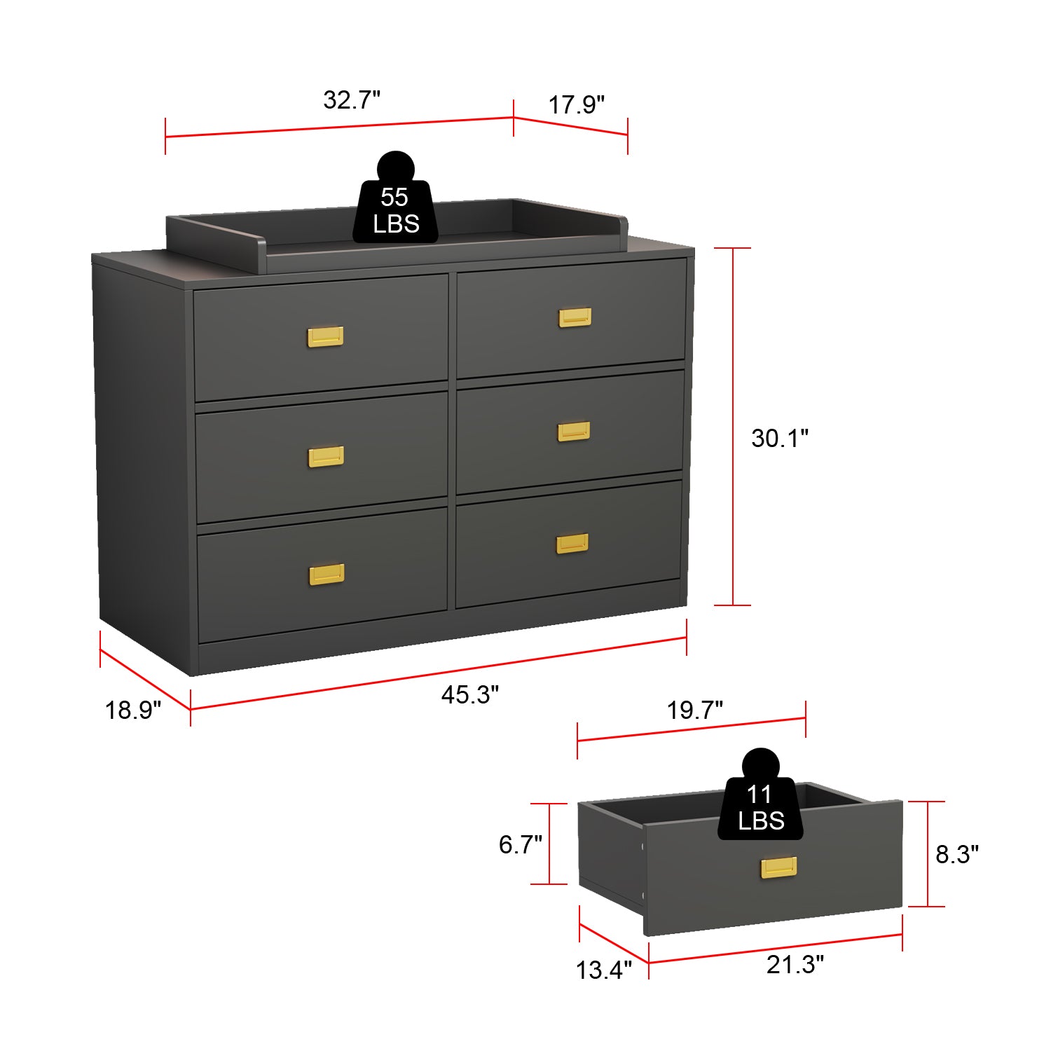 Changing Table Nursery Dresser Nontoxic Sideboard in White Finish with 6 Drawers
