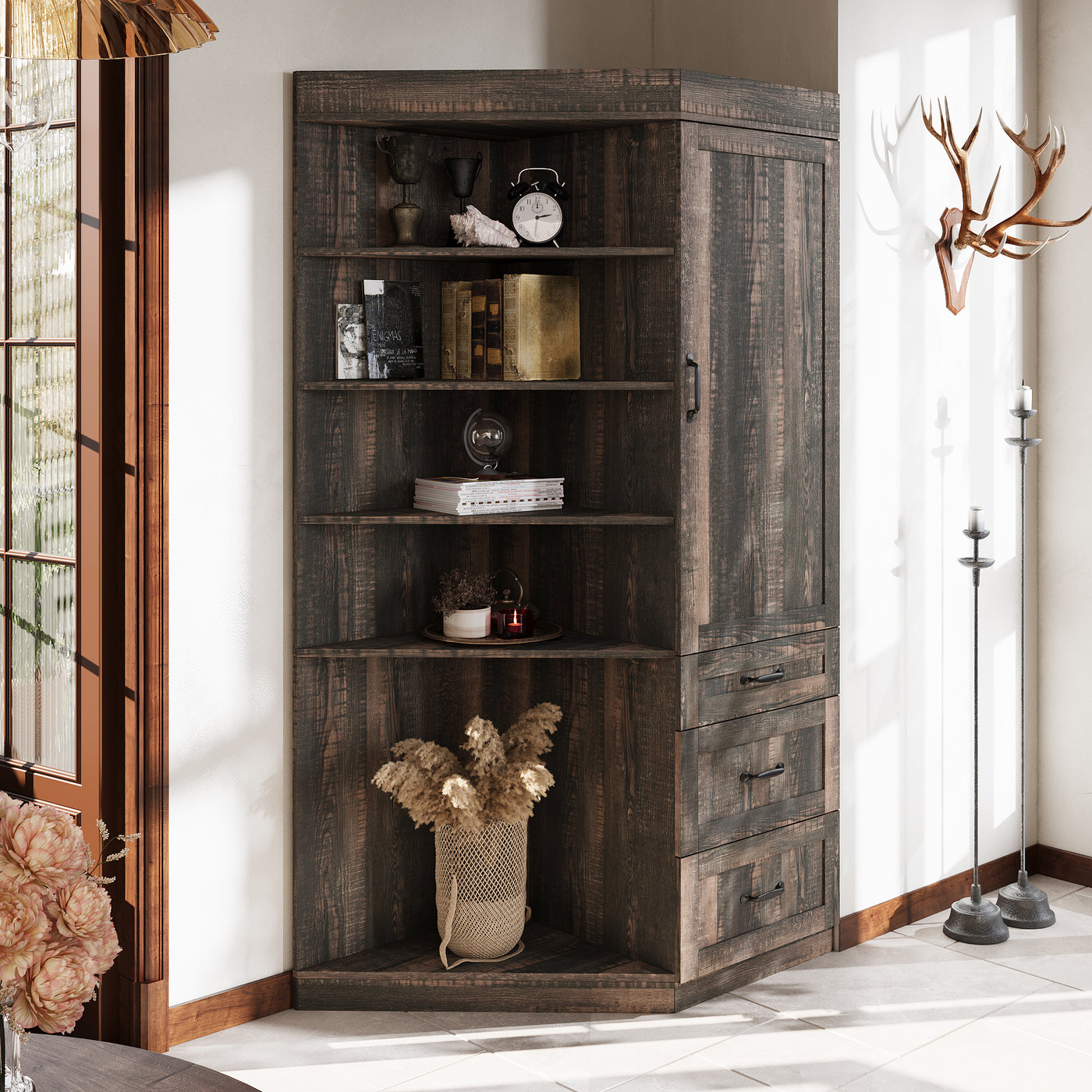 39.3" Trapezoid Brown Bookcase Storage Cabinet with 5-Tier Shelves