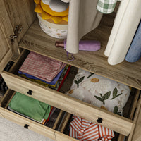 63" Rustic 4-Door Wardrobe Armoire with Rattan Paneling, 6 Drawers & 2 Hanging Rods