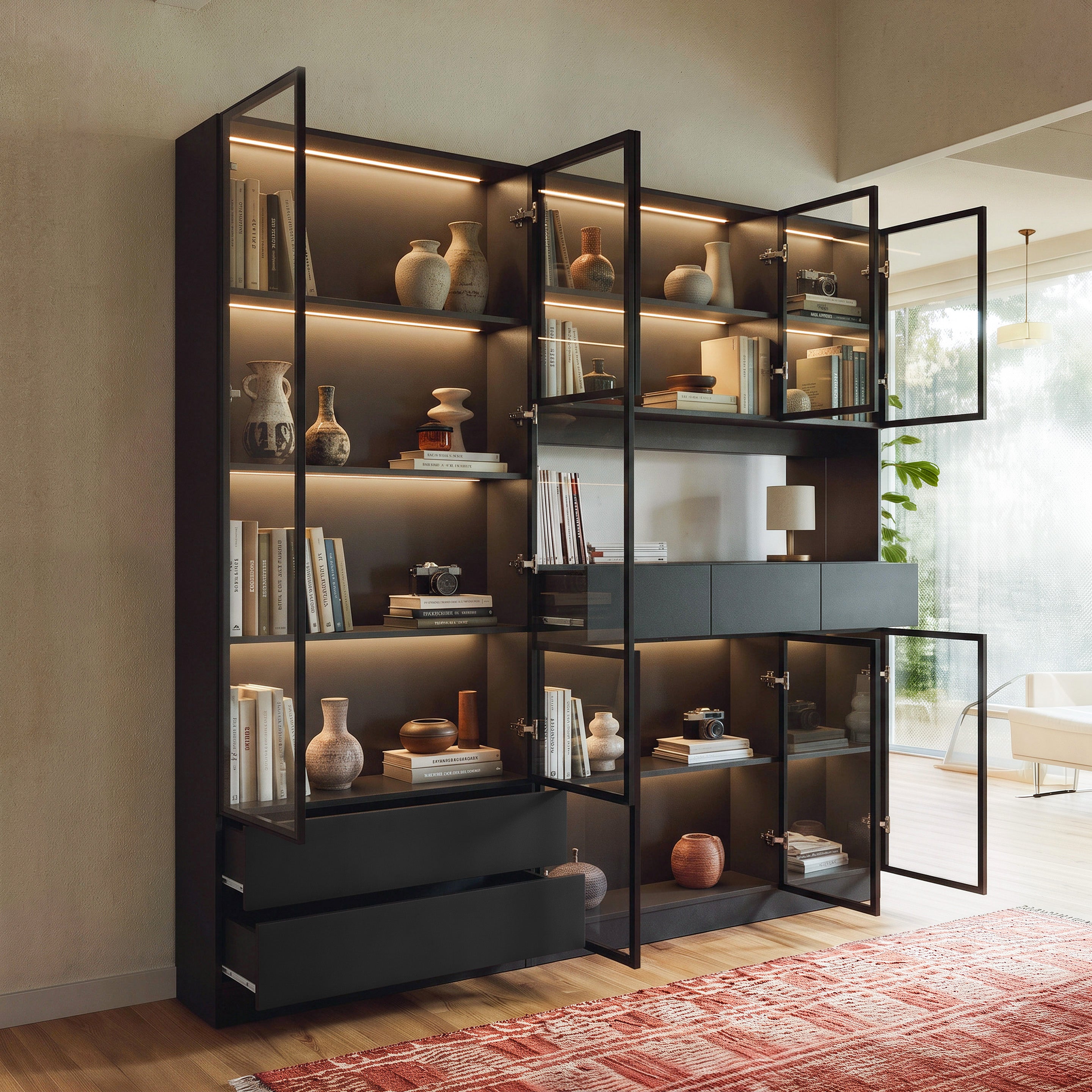 78.7" Large Bookcase with Glass Doors and 3-Color Changing LED Lights