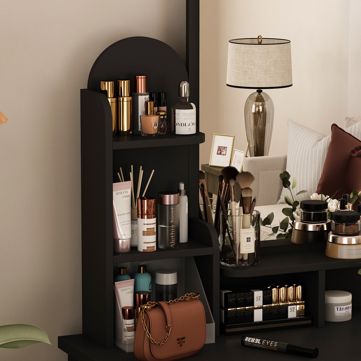 Modern Vanity Desk With Mirror, 5 Drawers, Shelves And Matching Stool, Makeup Dressing Table