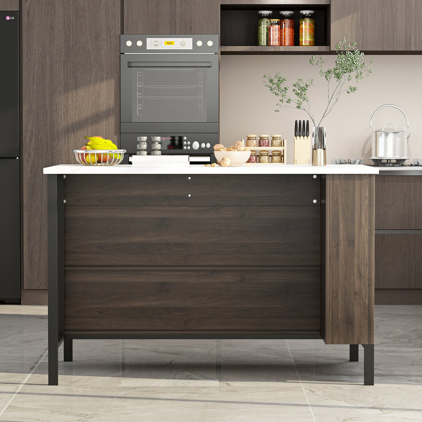 55.1" Modern Kitchen Island with 2 Drawers and Open Storage Shelves