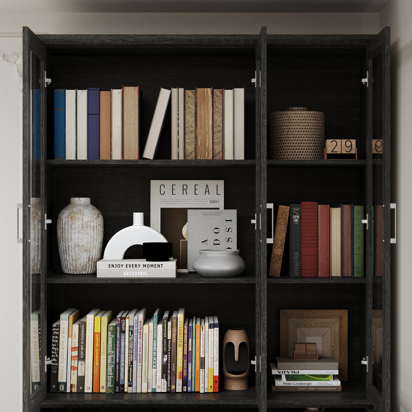 46" Modern Black Display Bookcase with Glass Doors & Drawer