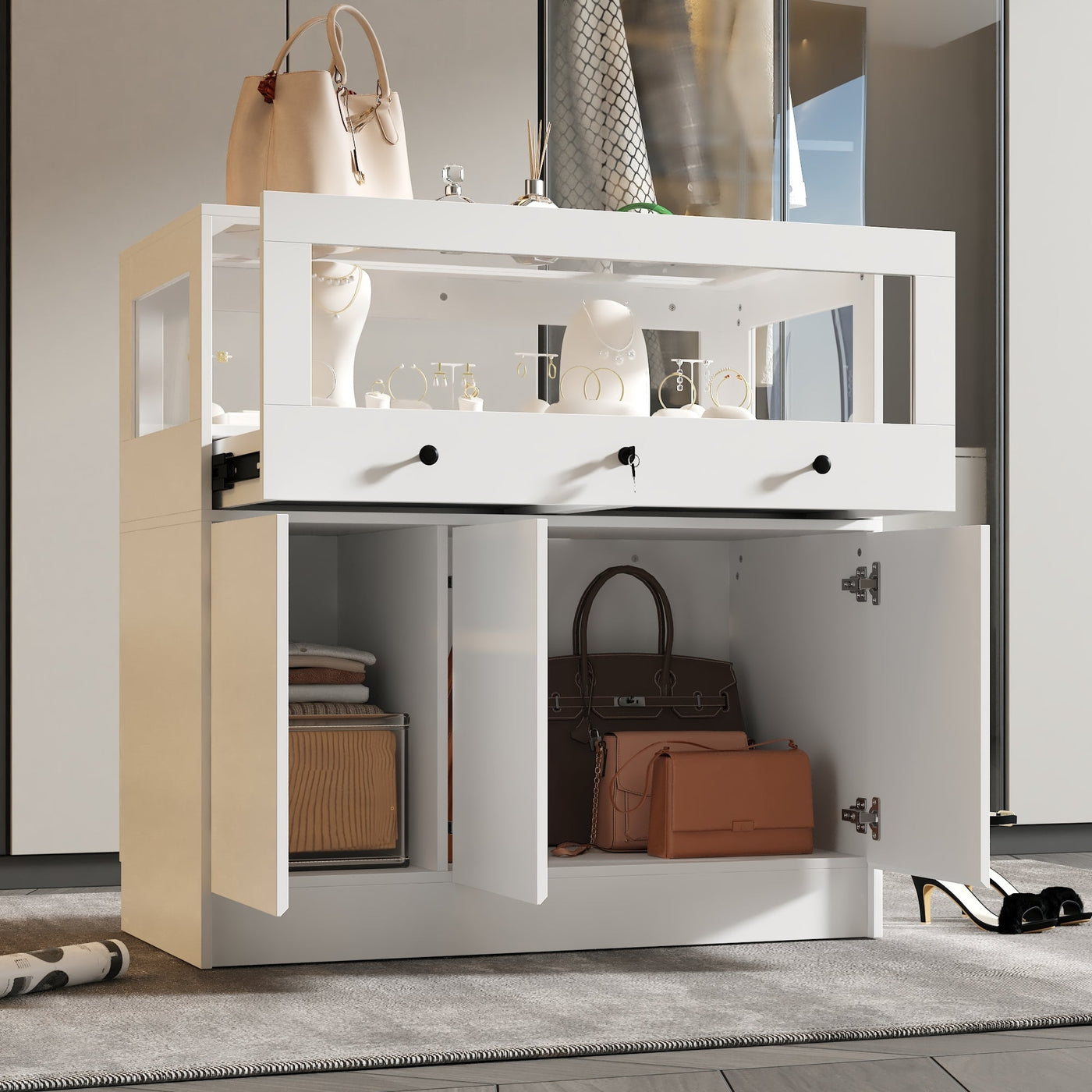 39.4" Modern Minimalist White Jewelry Display Cabinet With Lock And Tempered Glass