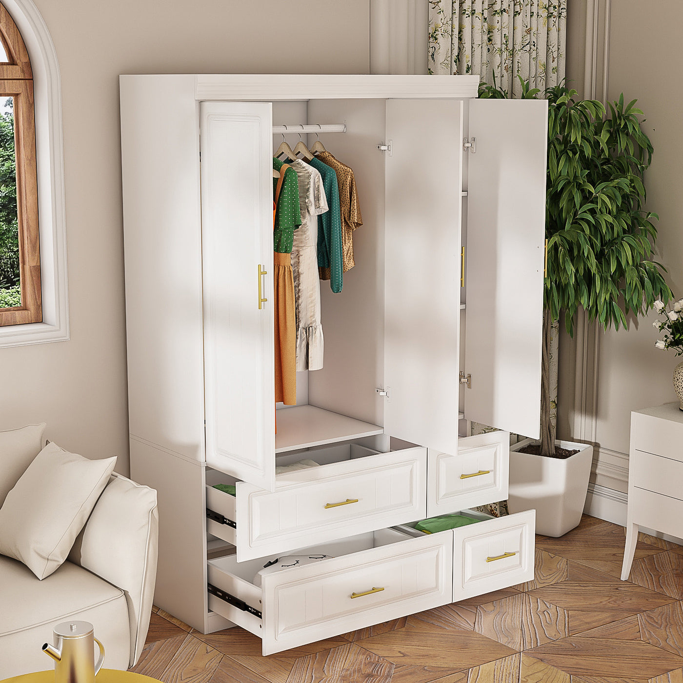 White wardrobe with gold handles in a modern bedroom setting