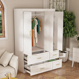 White wardrobe with gold handles in a modern bedroom setting