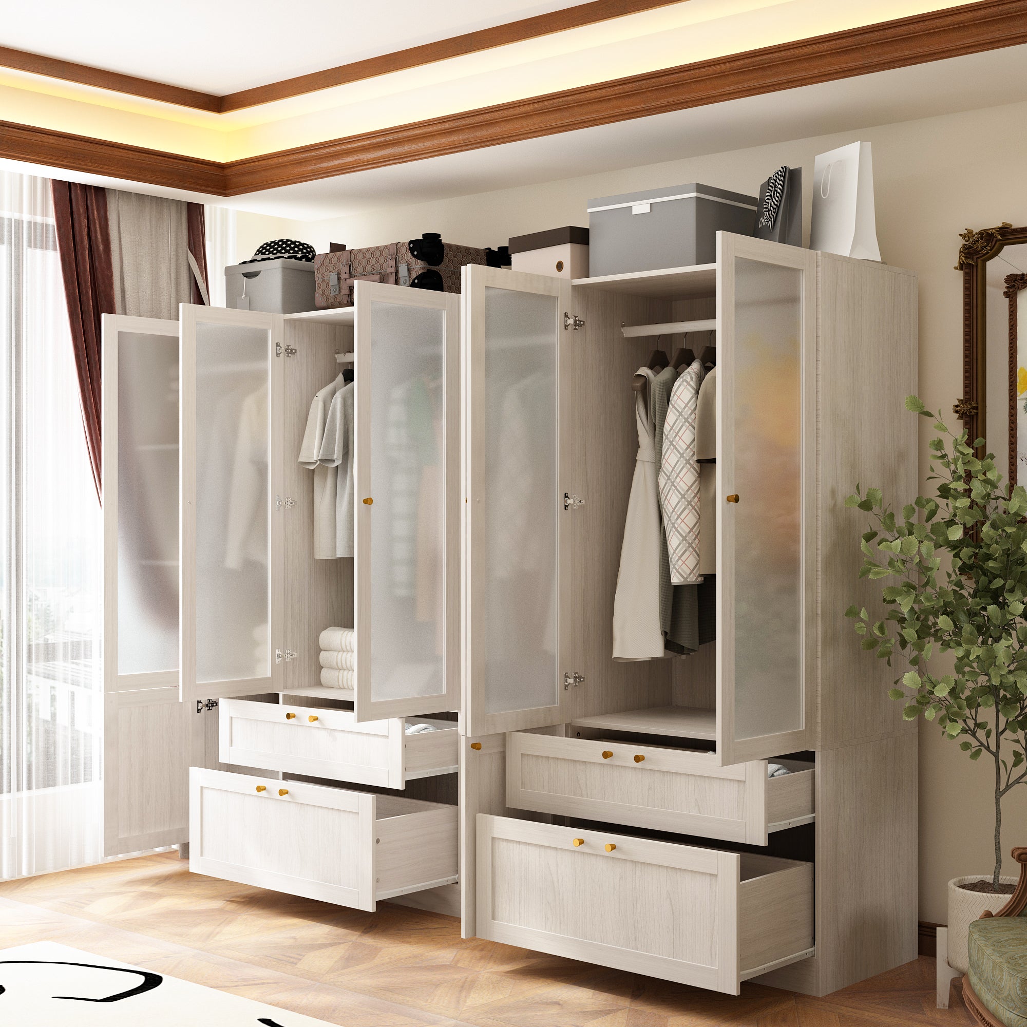 Elegant Multi-Compartment Wardrobe with Frosted Glass Doors & Ample Storage