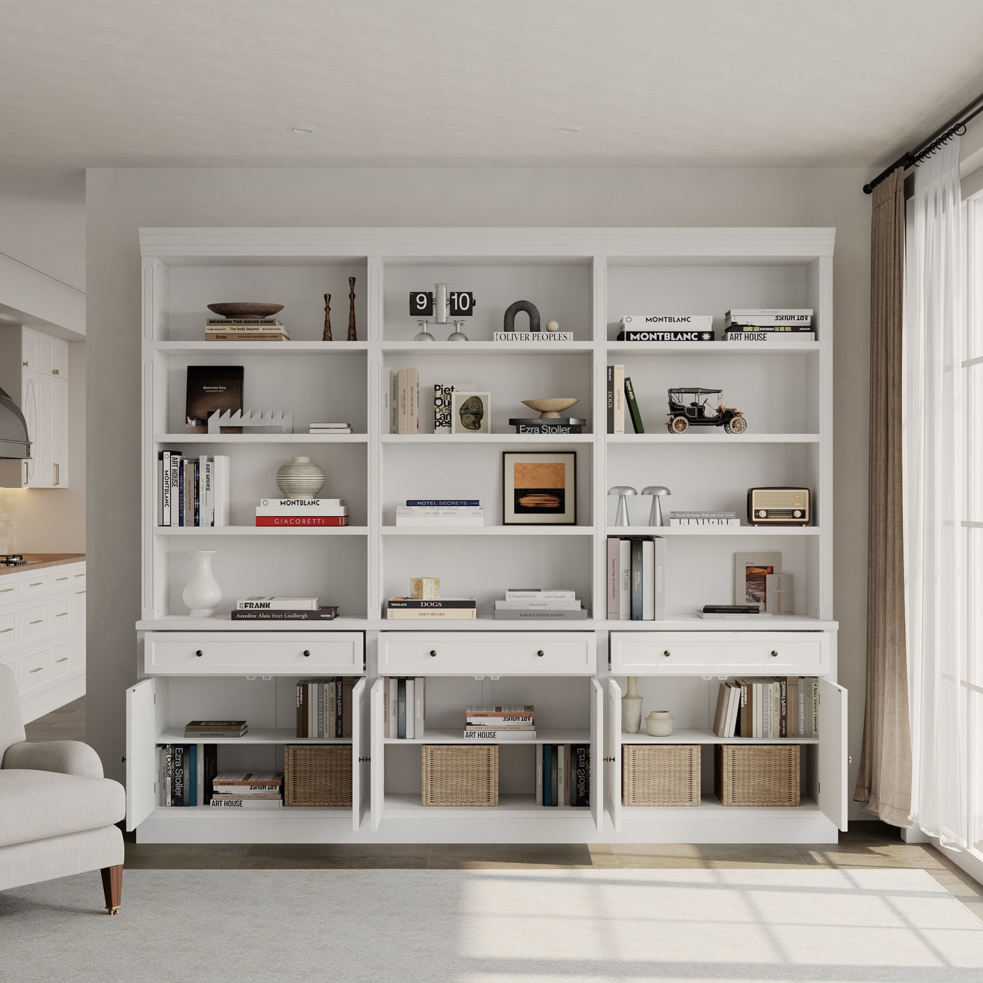 102.4" White 6‑Tier Open Bookcase Storage Cabinet with 3 Drawers & 6 Closed Base Doors