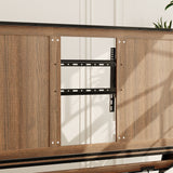 Brown TV stand with open shelves, black metal frame, and caster wheels