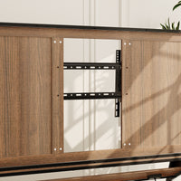 Brown TV stand with open shelves, black metal frame, and caster wheels