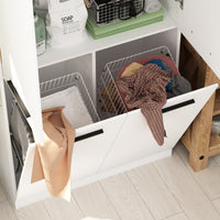 Clothing storage solution with clothes inside a white cabinet on a wooden floor.