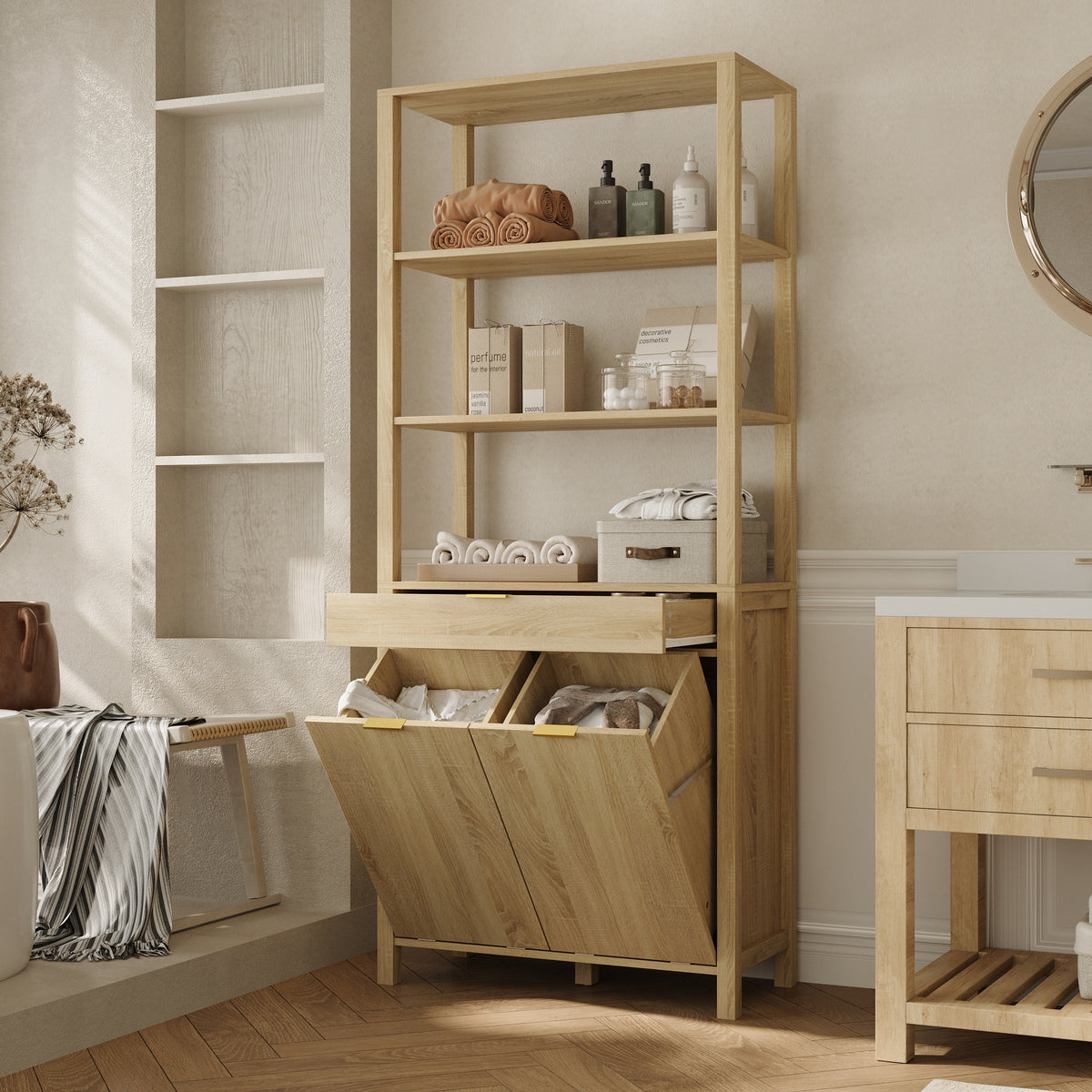 30.1" Oak Laundry Hamper Cabinet with 2 Tilt-Out Baskets and Open Shelves