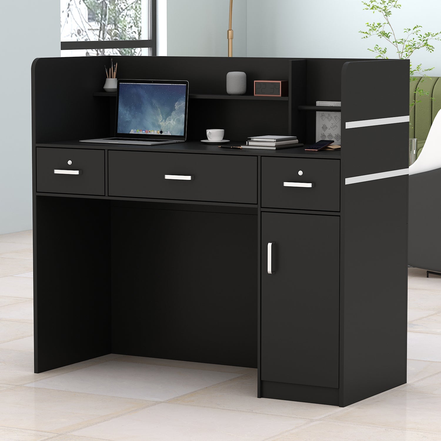 Modern Wooden Reception Desk Computer Table with Filing Cabinet Lockable Storage 47"W