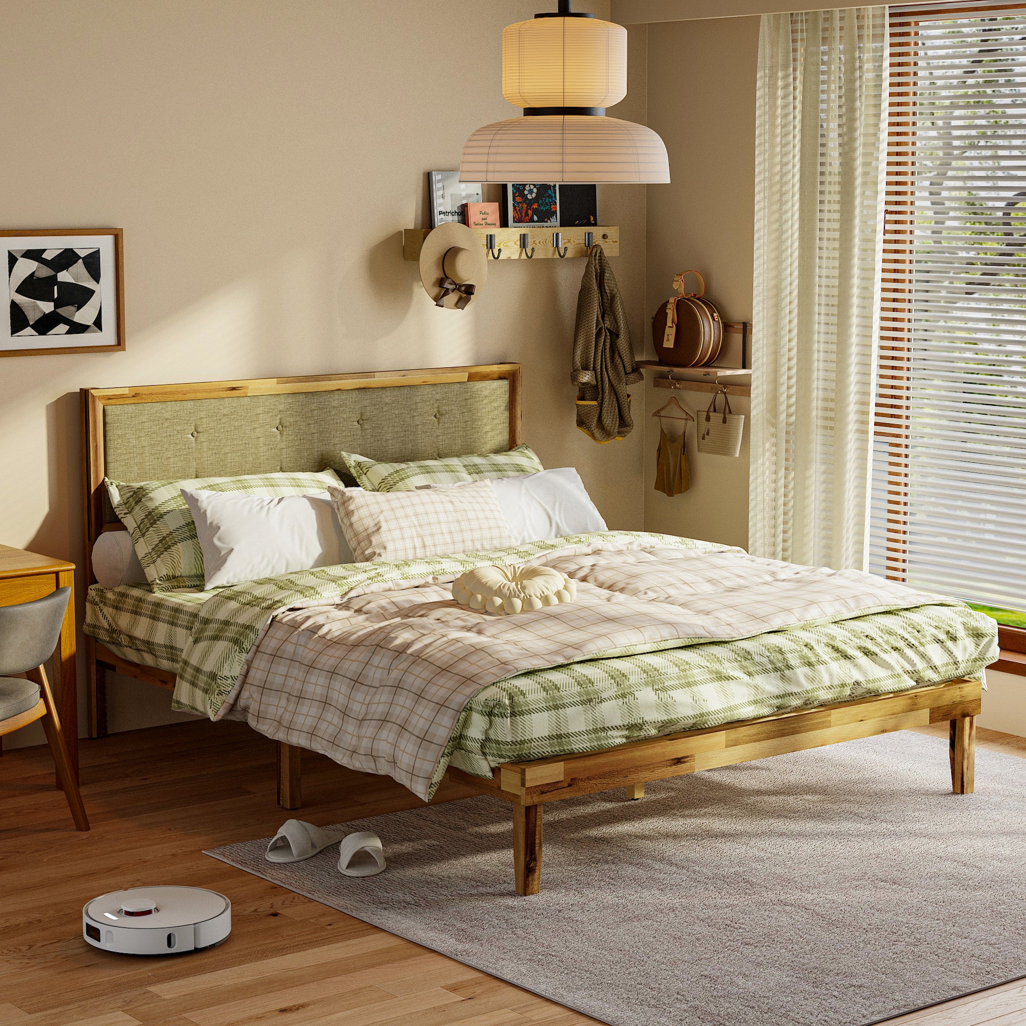 Rustic Solid Acacia Wood Platform Bed Frame With Upholstered Headboard, No Box Spring Needed