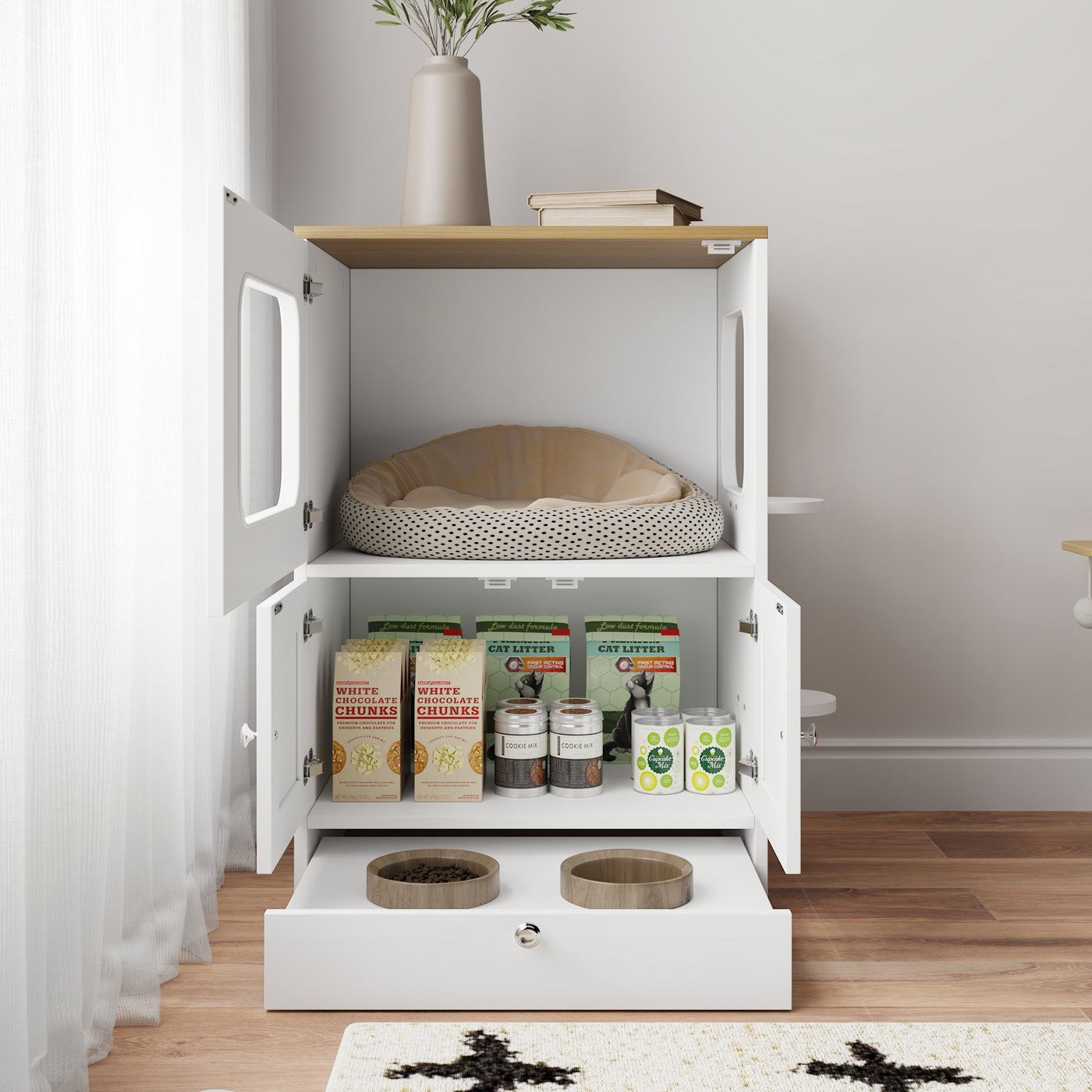 21.7" Modern White Multi-Functional Cat Condo Cabinet with Feeding Station and Storage