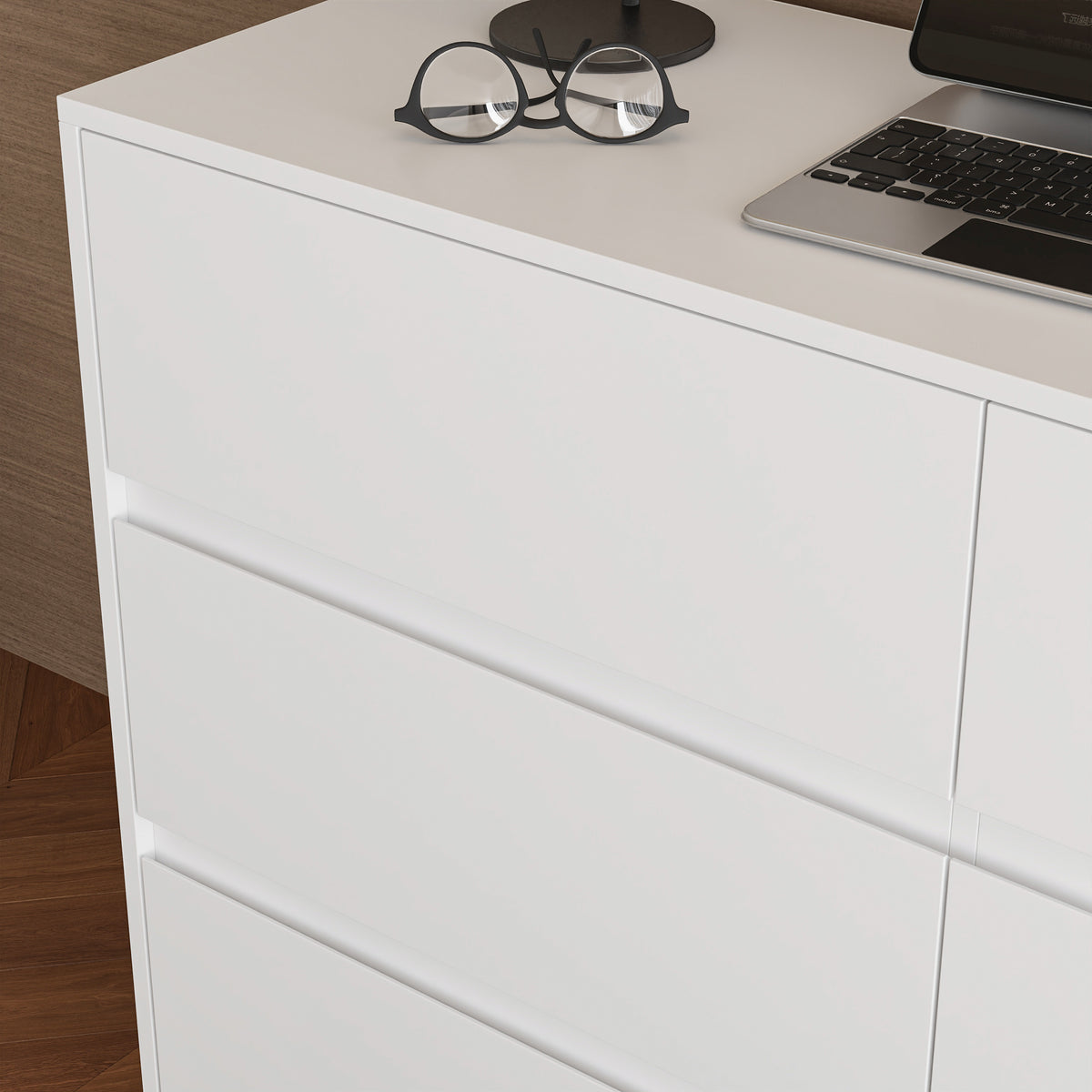 51.2" Modern Minimalist White/Black L-Shaped Rotatable Dresser Writing Table with 6 Drawers