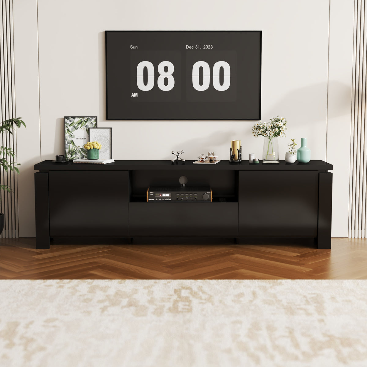 70" Modern Black TV Stand with LED Lights & Storage