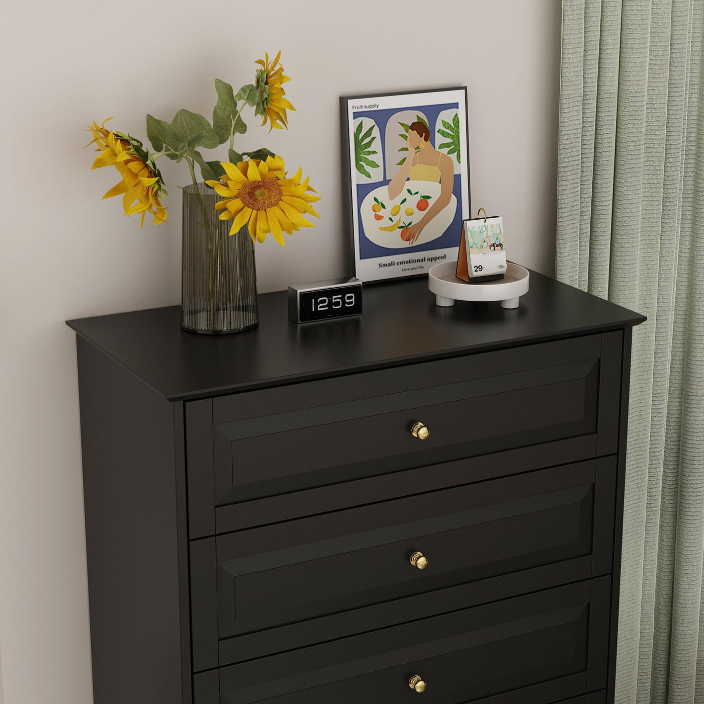 31.5" Modern Minimalist Black Modern Wood Cabinet Display Table Vertical 5-Drawer Dresser