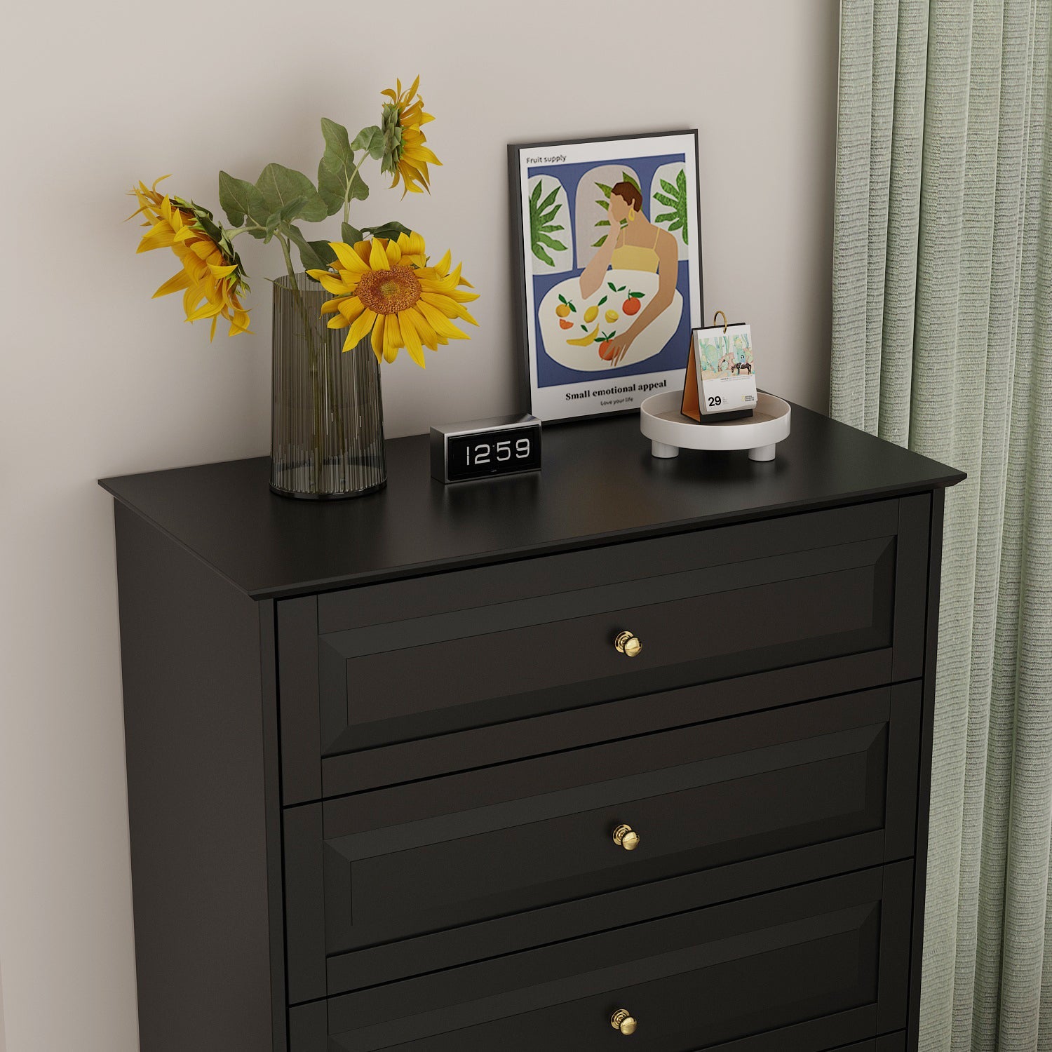 Modern Wood Black Dresser with 5 Drawers