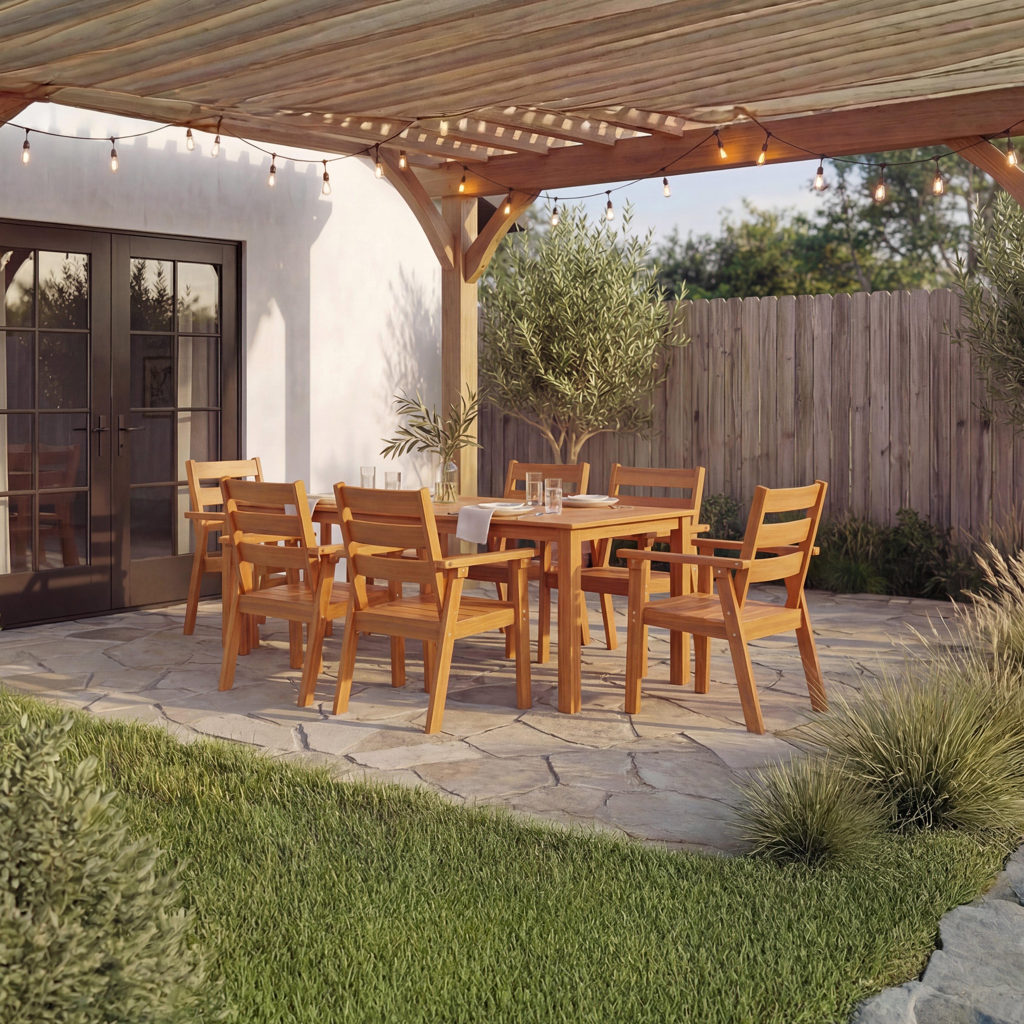 Wooden outdoor dining set under a wooden pergola with string lights