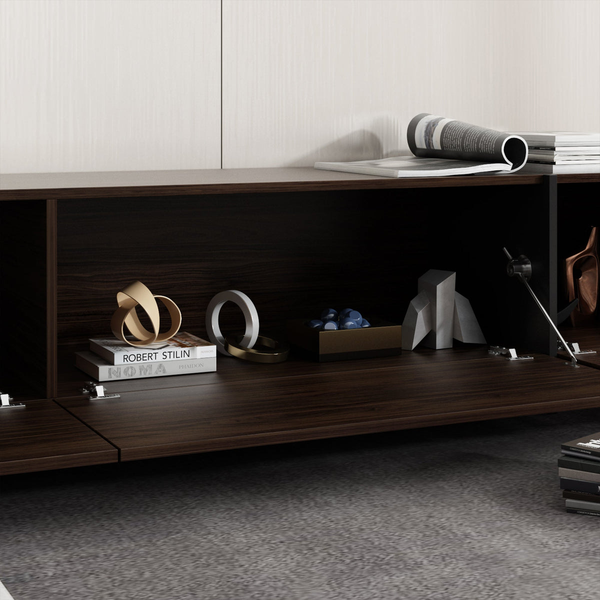 95.7 inches Modern Rustic Dark Brown Entertainment Center with 4 Pull-Down Doors