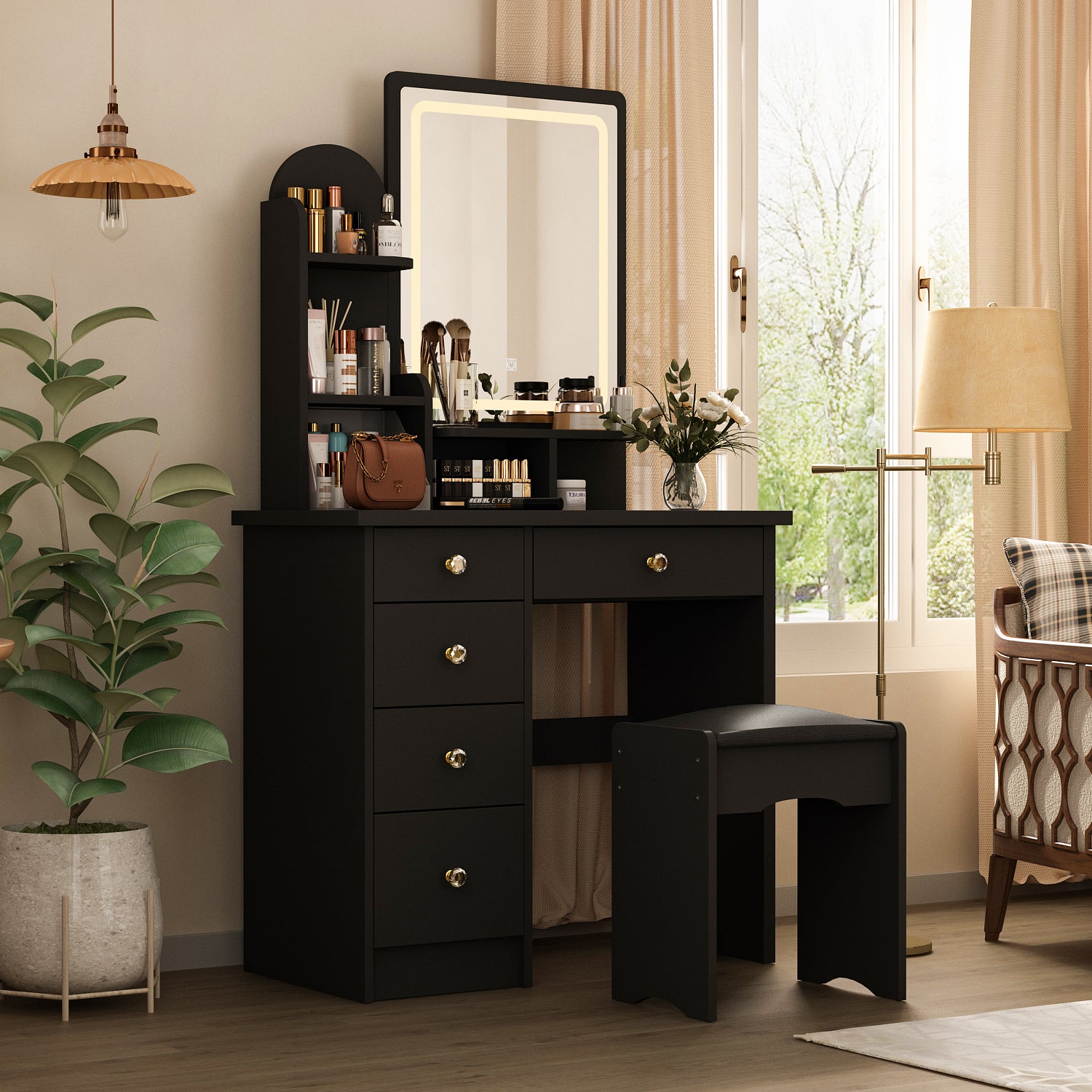 Modern Vanity Desk With LED Mirror, 5 Drawers, Shelves And Matching Stool, Makeup Dressing Table