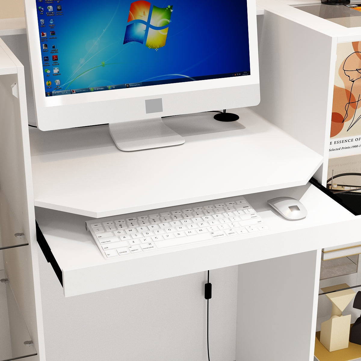 59" Modern White Reception Desk With Display Cabinets And LED Lightsand Transparent Glass