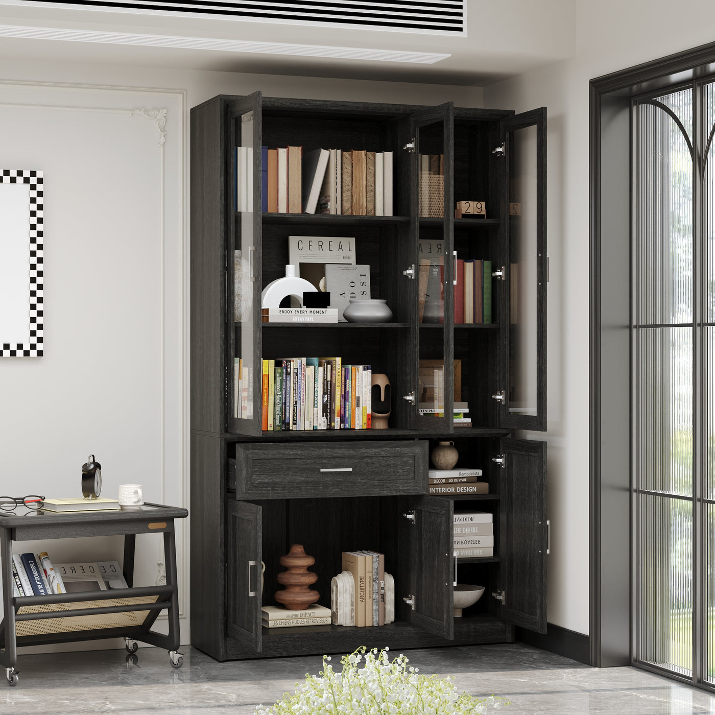 46" Modern Black Display Bookcase with Glass Doors & Drawer