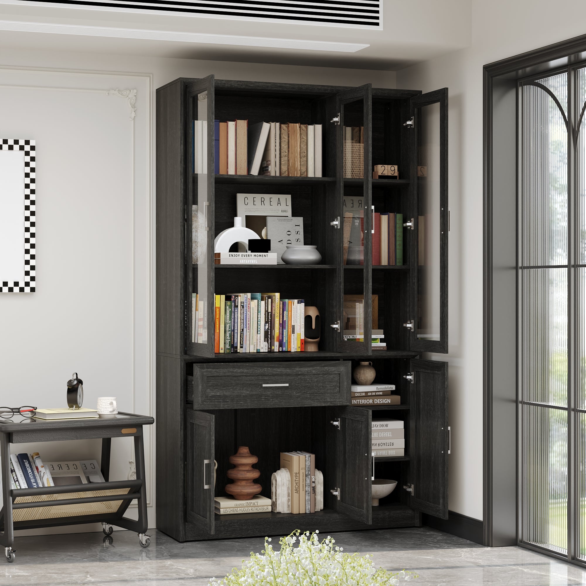 80'' H X 46'' W 6-Tier Bookcase With Glass Doors & Drawer