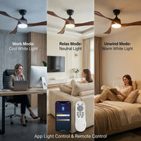 Ceiling fan with different light modes in various rooms, including work, relax, and unwind modes.