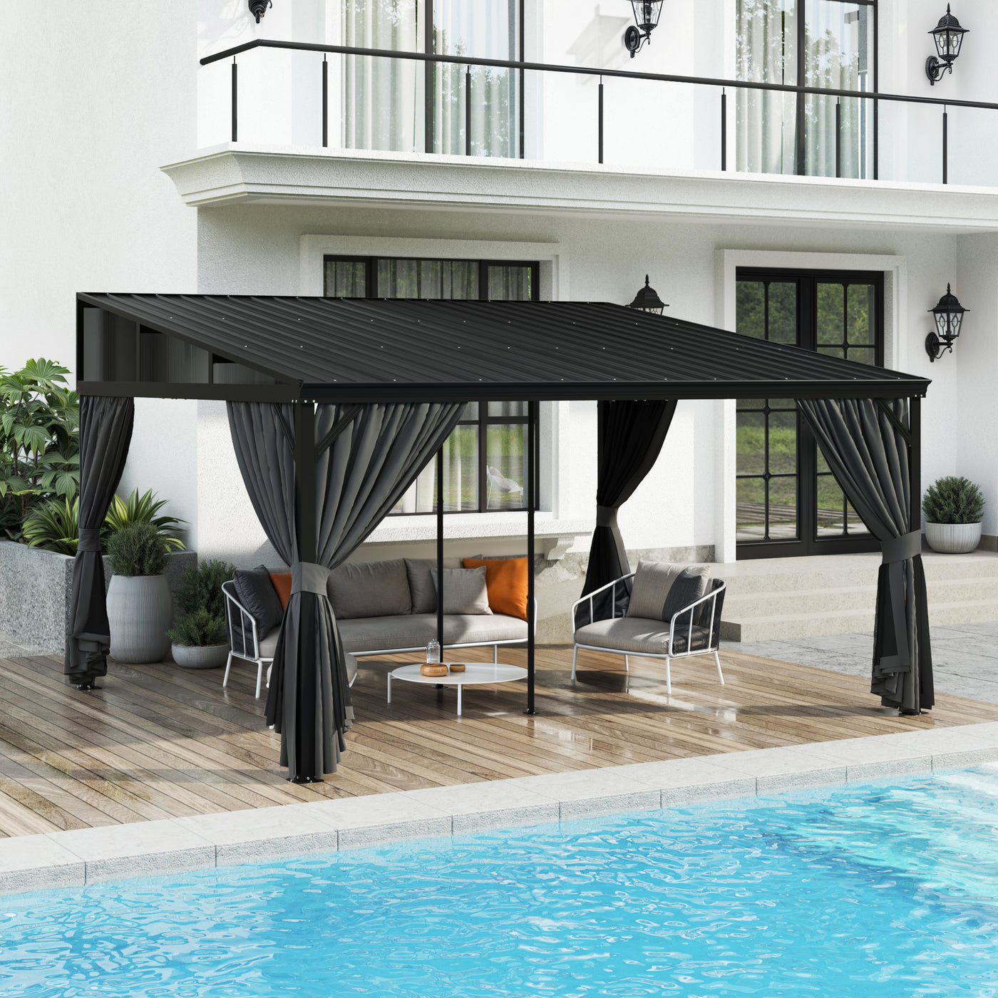 165.7" Modern Black Patio Gazebo with Curtains and Mosquito Net