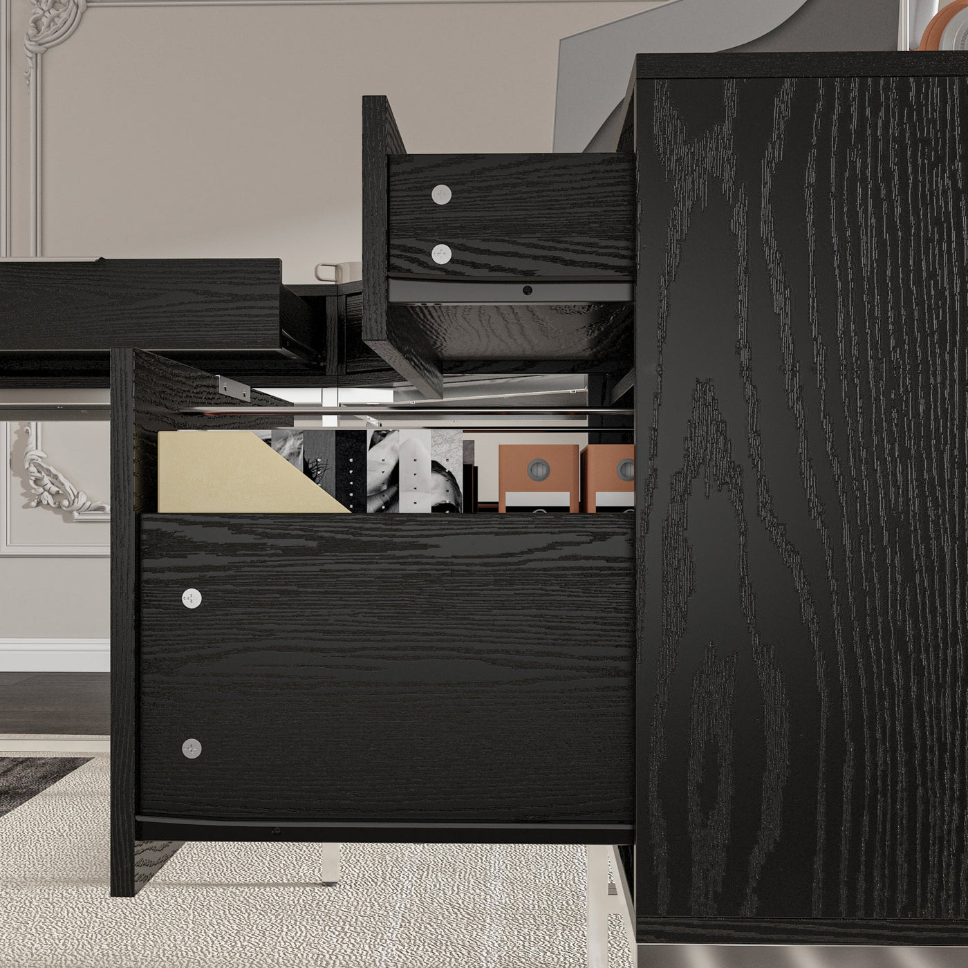 70.8" Modern Black L-Shaped Computer Desk With 4 Standard Drawers, 1 File Drawer