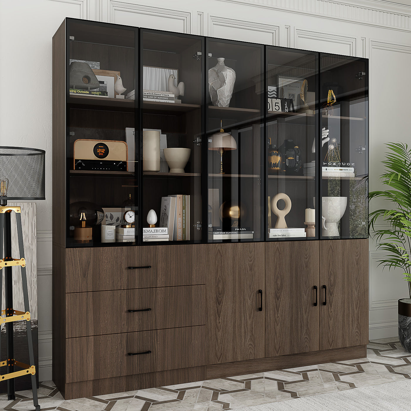 Geyma 78.7" Modern Brown Display Case with LED Lights & 4 Tempered Glass Doors