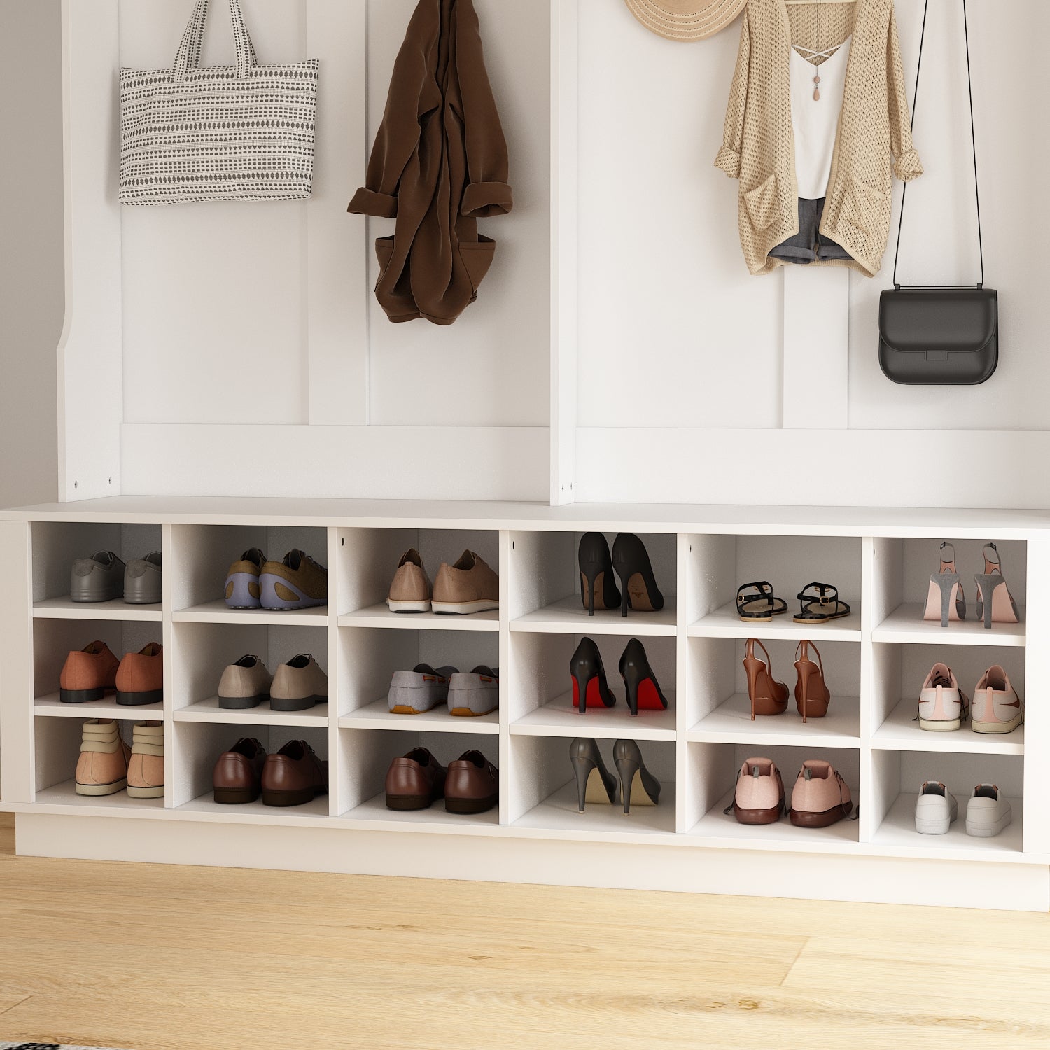 Large Hall Tree with Storage Bench 3-in-1 Entryway Bench with Double Hooks 18 Cubes