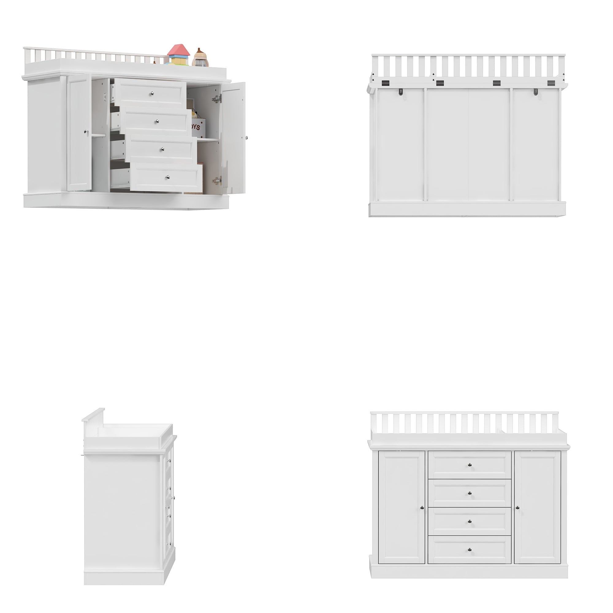 47.2" Wide White Changing Table Dresser With 2 Cabinets & 4 Drawers