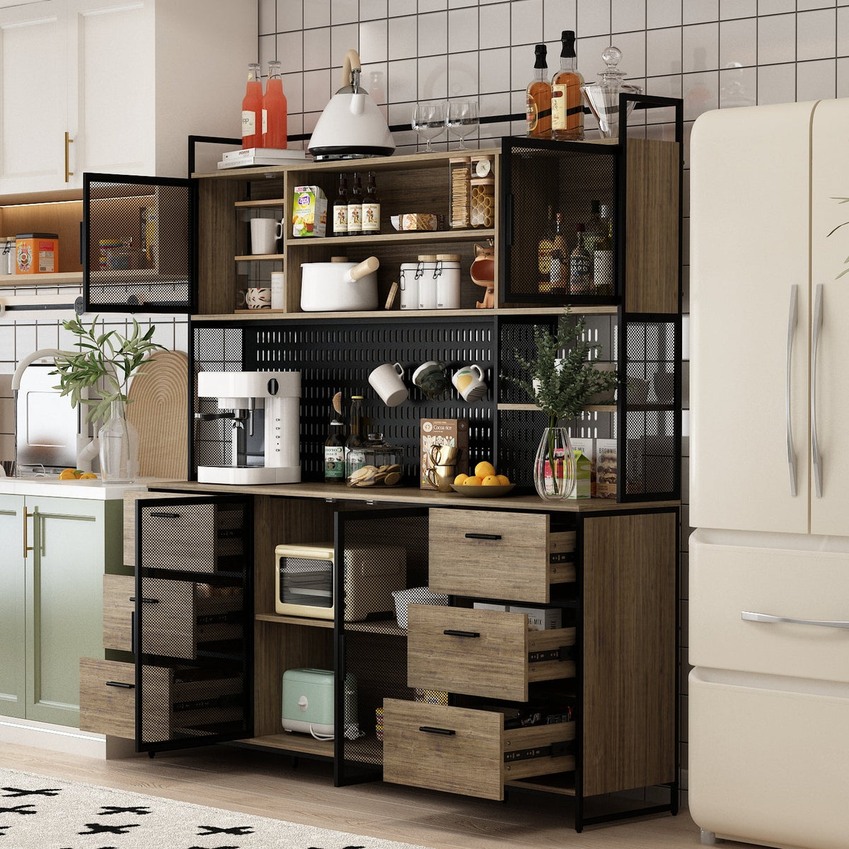 70.9 inches Industrial Brown Pantry Cabinets With Adjustable Shelves, Drawers