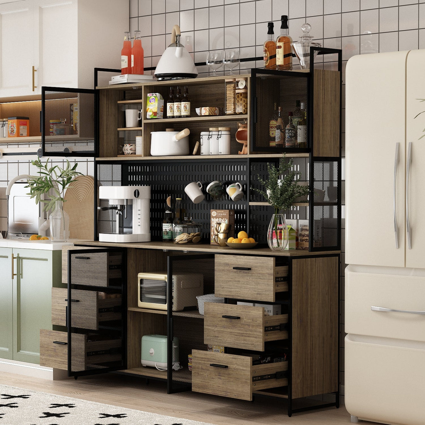 70.9" Industrial Brown Pantry Cabinets With Adjustable Shelves, Drawers