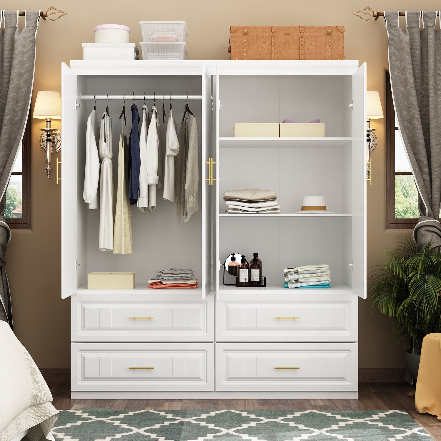 Family Cabinet Wardrobe Bedroom Armoire Home Closet 4 Doors and Drawers